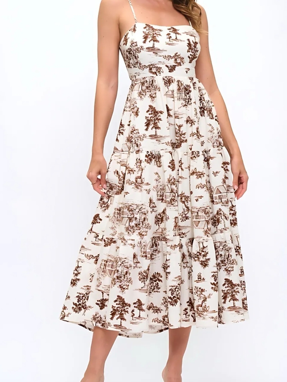 Cream Toile Print Midi Dress with Brown Scenic Print